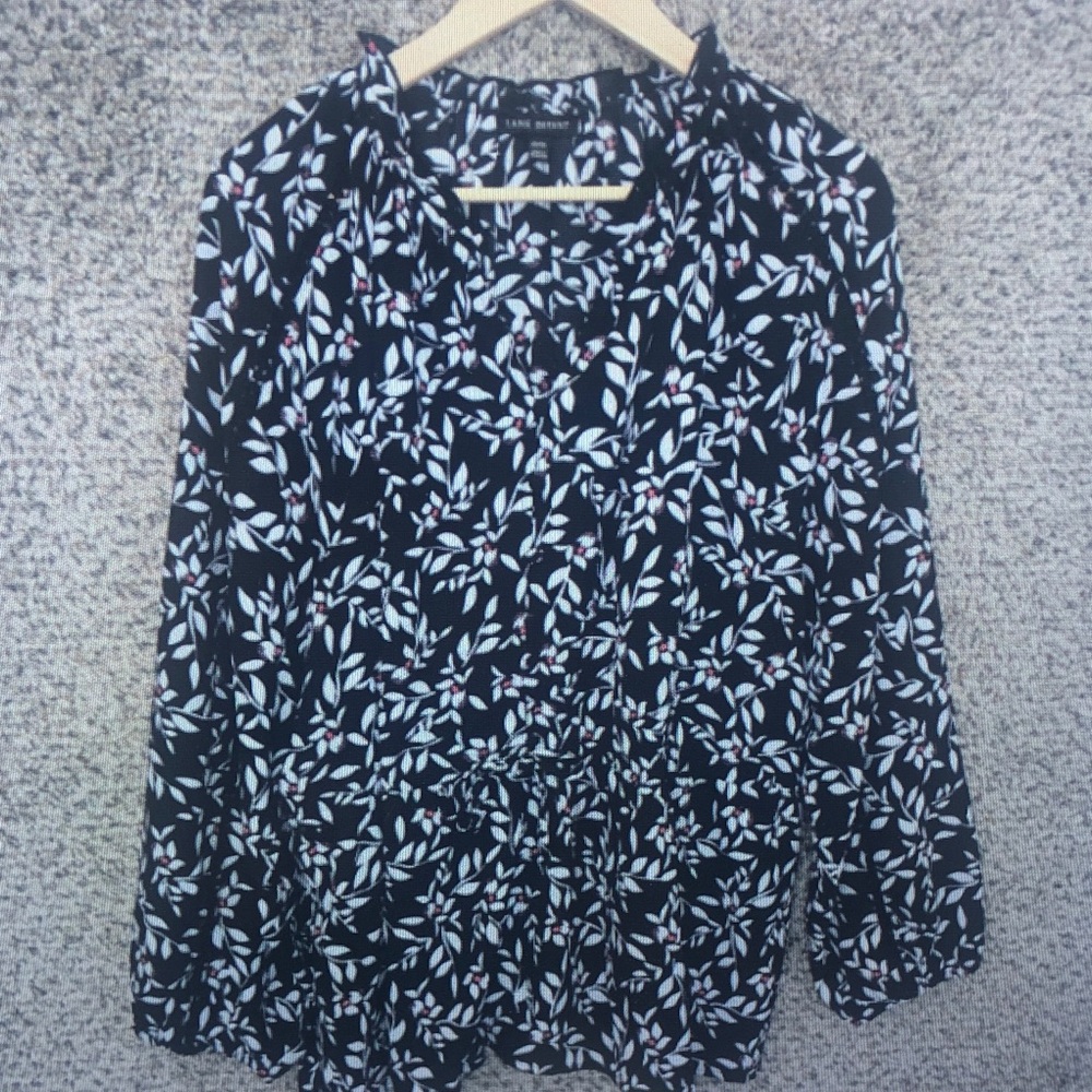 LC Lauren Conrad Black Leaf-Print Long Sleeve Blouse with Pink Accents